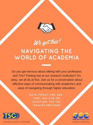 Do you get nervous about talking with your professors and TAs? Feeling lost at our research institution? It's okay, we all do at first. Join us for a conversation about effective ways of communicating with academics and ways of navigating through higher education.