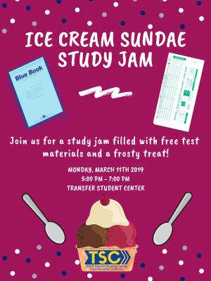 Pop in to the TSC for Ice Cream Sundae and for late hours study, 5-7pm.