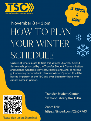 Unsure of what classes to take this Winter Quarter? Attend this workshop hosted by the Transfer Student Center's Letters and Science Academic Advisors, Micaela and Jami, to receive guidance on your academic plan for Winter Quarter! It will be hosted in-person at the TSC and over Zoom for those who cannot come in-person.  Zoom link: https://tinyurl.com/2tn677d3