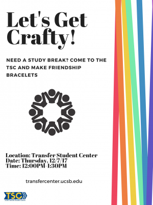 Remember making friendship bracelets?  Yep, we've got the supplies to brighten up you wrist or ankle. Come and de-stress while chatting with other transfers.  