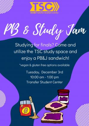 Studying for finals? Come and utilize the TSC study space and enjoy a PB&J sandwich!