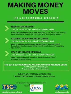 OSC and TSC with the Office of Finacial Aid and Scholarships present a series of workshops to get you thinking about money and funding your education. 
