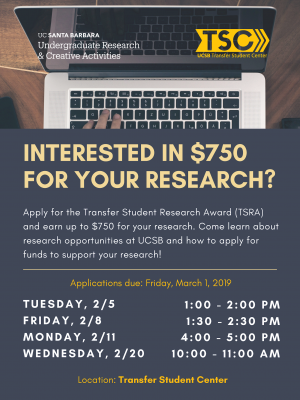 Apply for the Transfer Student Research Award (TSRA) and earn up to $750 for your research. Come learn about research opportunities at UCSB and how to apply for funds to support your research!