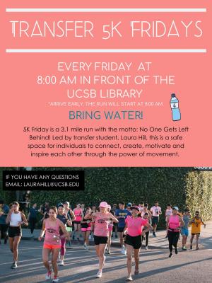 5K Friday is a 3.1 mile run with the motto: No One Gets Left Behind! Led by transfer student, Laura Hill, this is a safe space for individuals to connect, create, motivate and inspire each other through the power of movement