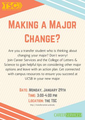 Are you a transfer student who is thinking about changing your major? Don’t worry!  Join Career Services and the College of Letters & Science to gain helpful tips on considering other major options and leave with an action plan. Get connected with campus resources to ensure you succeed at UCSB in your new major.